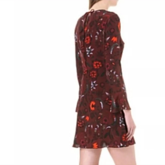 Sandro Women's Size 2 Sofia Floral Burgundy Dress Bell Sleeve 100% Silk - Picture 2 of 5